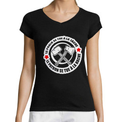 T-shirt femme col V noir Le prolo se tue à la tâche (Slogans engagés)