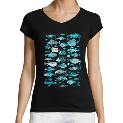 T-shirt femme col V noir Fishtre (Gondrax,Les Bébêtes,Animaux)