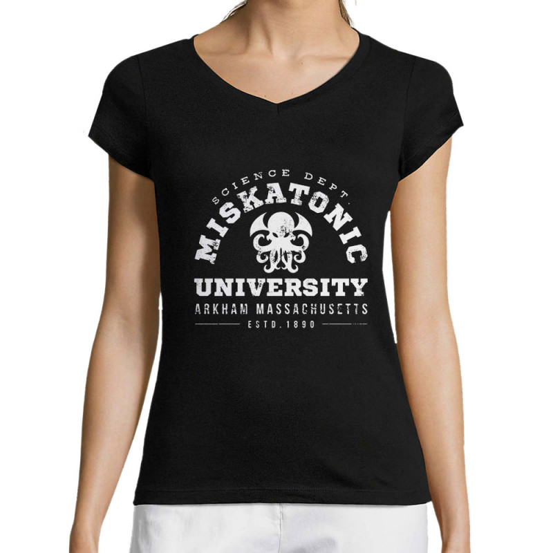 T-shirt femme col V noir Miskatonic University (Alex Kidd,Films/Séries)