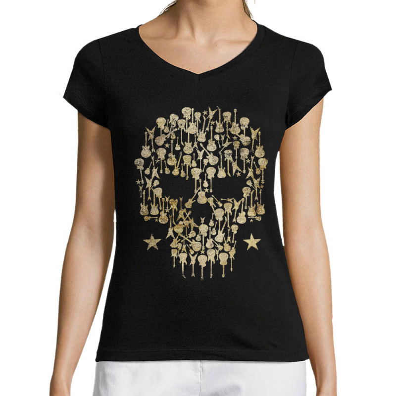 T-shirt femme col V noir Skull Guitar (Gondrax,Têtes de morts,Rock & Punk)