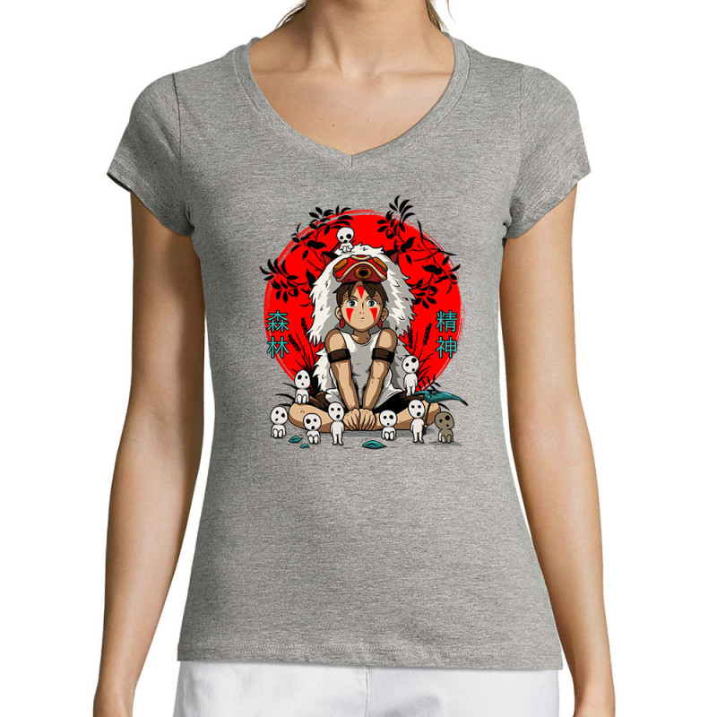 T-shirt femme col V gris chiné Forest Spirits (Le Duc,Films/Séries,Manga Kawaï japan)