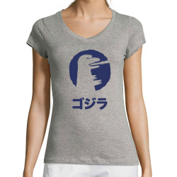 T-shirt femme col V gris chiné Vintage Godzilla (Alex Kidd,Films/Séries,Manga Kawaï japan)