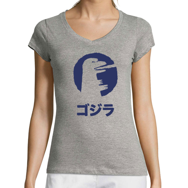 T-shirt femme col V gris chiné Vintage Godzilla (Alex Kidd,Films/Séries,Manga Kawaï japan)