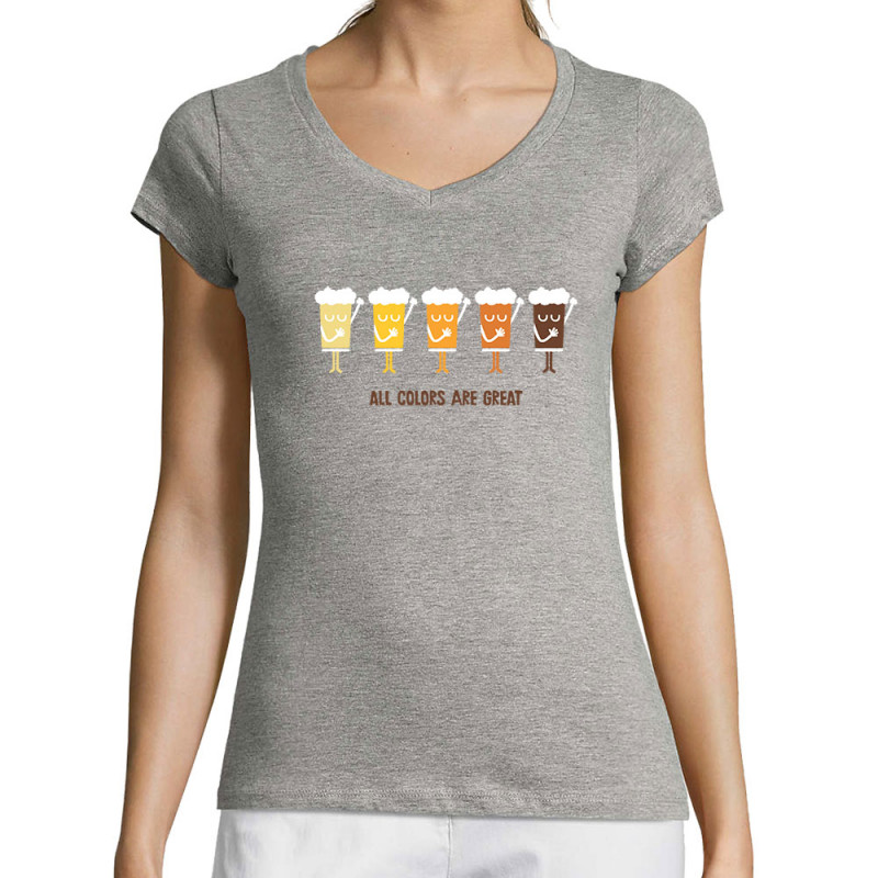 T-shirt femme col V gris chiné All Colors are great (Alex Kidd,Alcool,Slogans engagés)