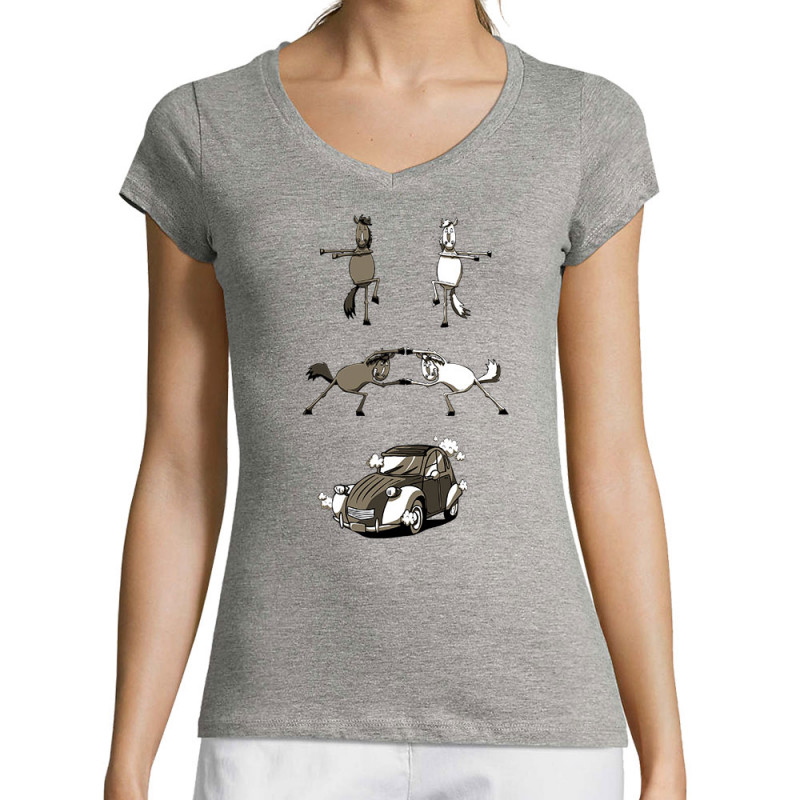 T-shirt femme col V gris chiné 2cv Fusion (Mr Mouton,Animaux,Humour)