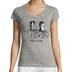 T-shirt femme col V gris chiné Poulpes Fiction (Gondrax,Les Bébêtes,Animaux,Films/Séries)
