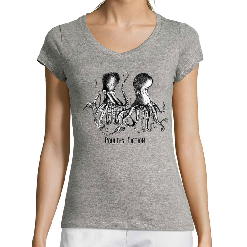T-shirt femme col V gris chiné Poulpes Fiction (Gondrax,Les Bébêtes,Animaux,Films/Séries)