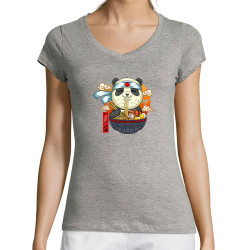T-shirt femme col V gris chiné Asian Food Panda (Animaux,Manga Kawaï japan)