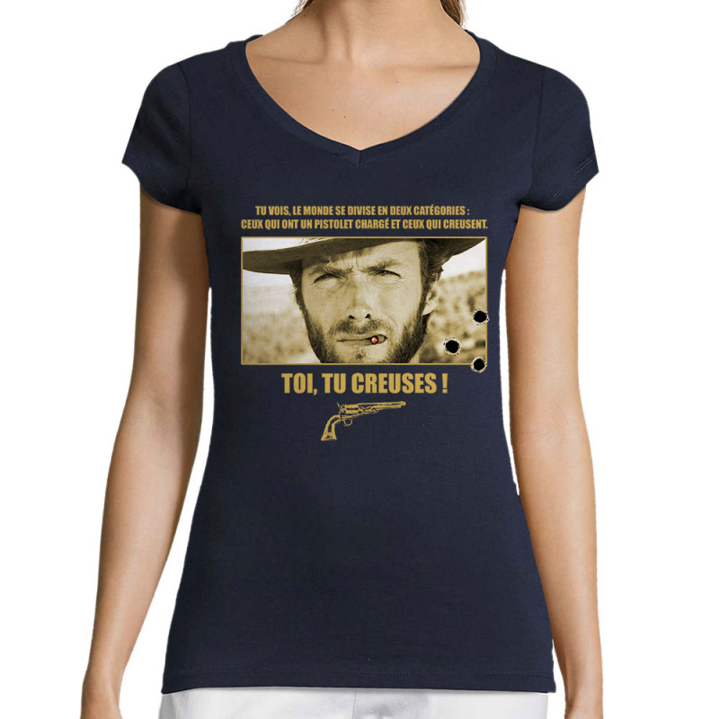 T-shirt femme col V bleu marine Toi tu creuses (Films/Séries)