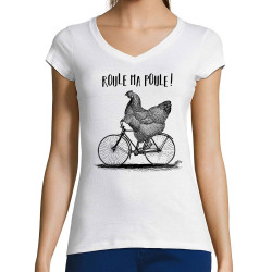 T-shirt femme col V blanc Roule ma poule (Gondrax,Les Bébêtes,Animaux,Vélo)