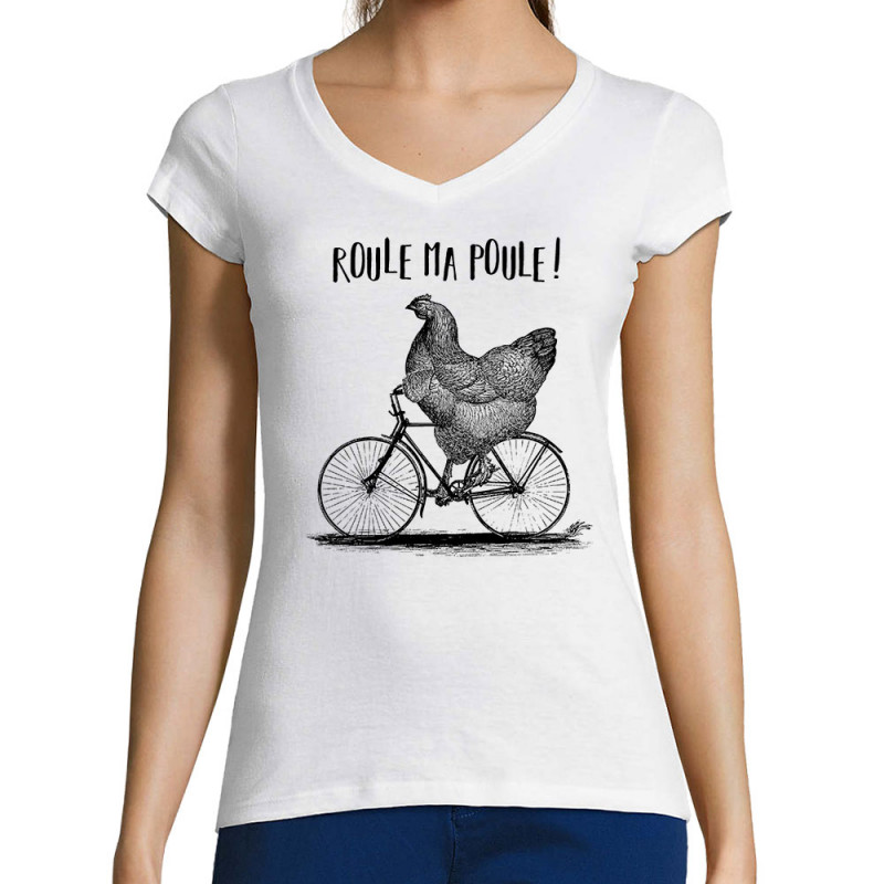 T-shirt femme col V blanc Roule ma poule (Gondrax,Les Bébêtes,Animaux,Vélo)