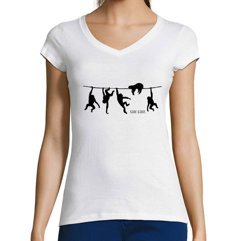 T-shirt femme col V blanc Stay Cool (Gondrax,Animaux,Stay,Paresse)