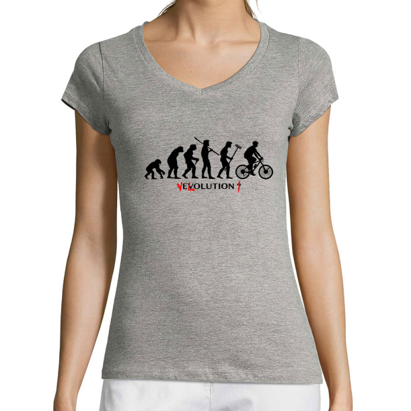 T-shirt femme col V gris chiné Vélolution (Gondrax,Vélo,Evolution)