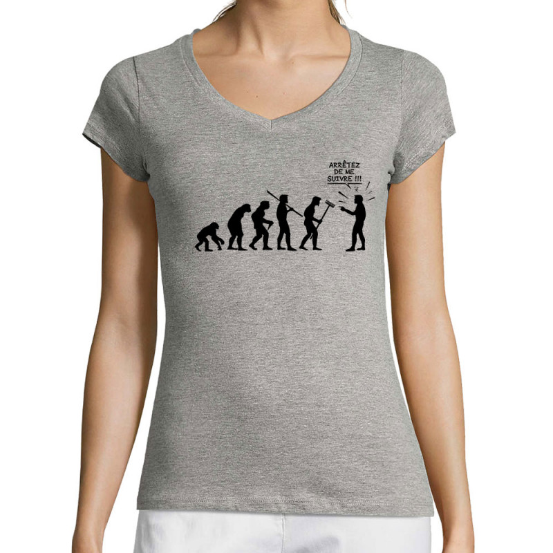 T-shirt femme col V gris chiné Arrêtez de me suivre (Gondrax,Humour,Evolution)