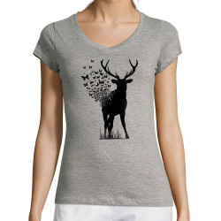 T-shirt femme col V gris chiné Deer Butterfly (Caffein Art,Animaux,Ethnique)