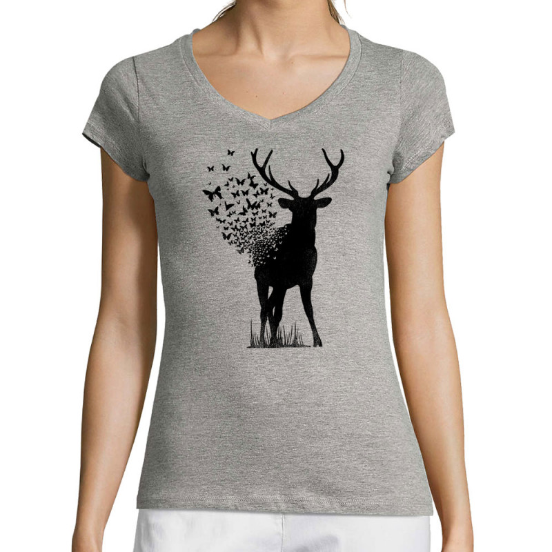 T-shirt femme col V gris chiné Deer Butterfly (Caffein Art,Animaux,Ethnique)