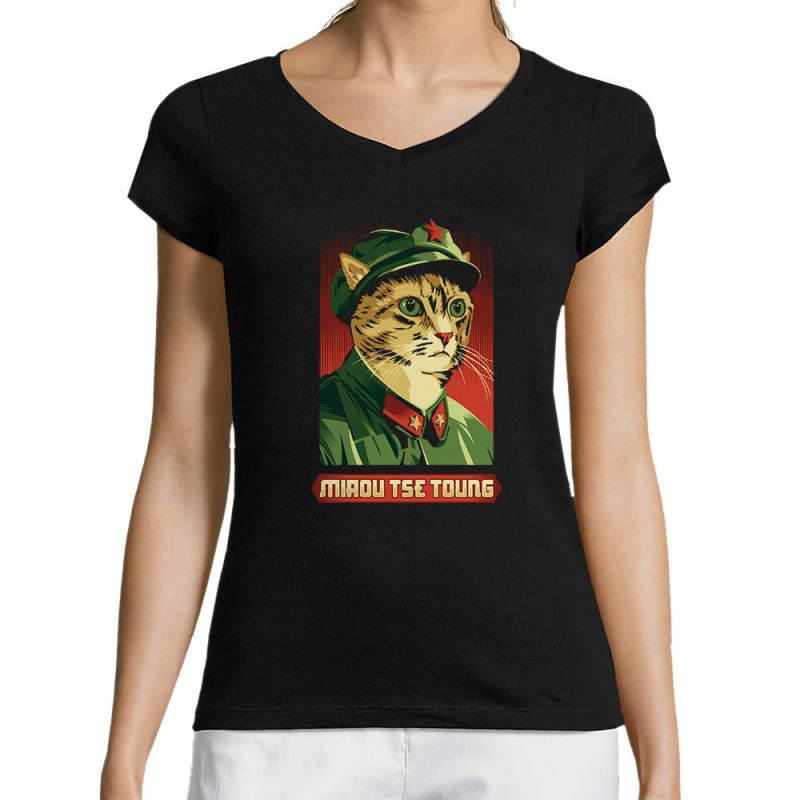 T-shirt femme col V noir Miaou Tse Toung (Animaux,Humour,Chats)