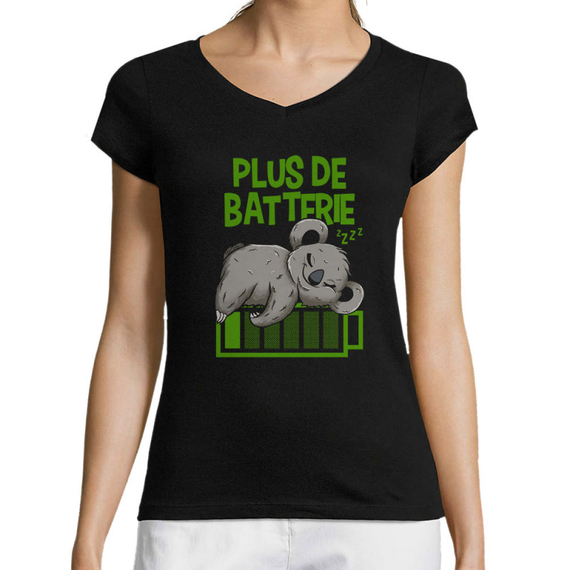 T-shirt femme col V noir Plus de batterie koala (Animaux,Humour,Manga Kawaï japan,Bébés,Paresse)