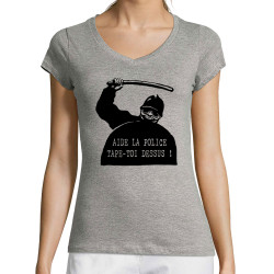T-shirt femme col V gris chiné Aide la police (Slogans engagés,Humour)