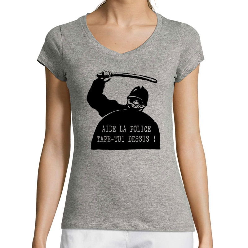 T-shirt femme col V gris chiné Aide la police (Slogans engagés,Humour)