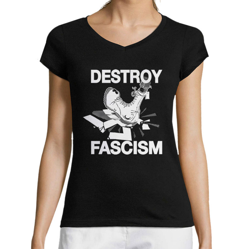 T-shirt femme col V noir Destroy Fascism (Slogans engagés)