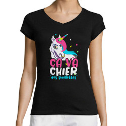 T-shirt femme col V noir Ca va chier des paillettes 2 (Zewa,Animaux,Humour)