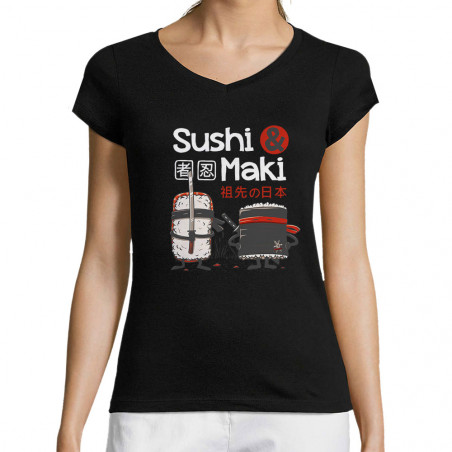 T-shirt femme col V "Sushi...