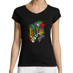 T-shirt femme col V noir Zèbre Anticonformiste (Zewa,Animaux)