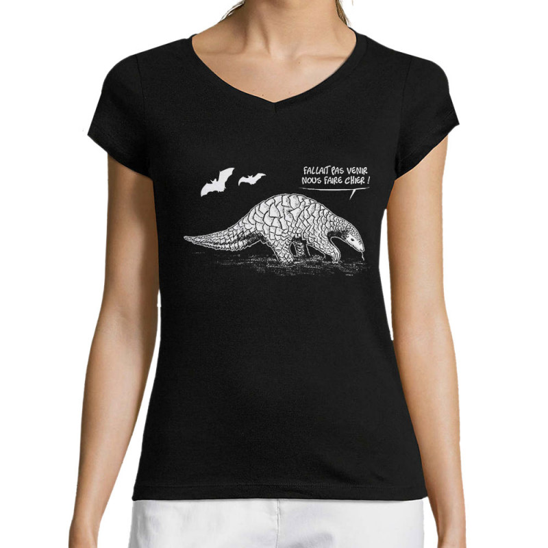 T-shirt femme col V noir Pangolin Fallait pas nous faire chier (Gondrax,Les Bébêtes,Animaux,Humour)