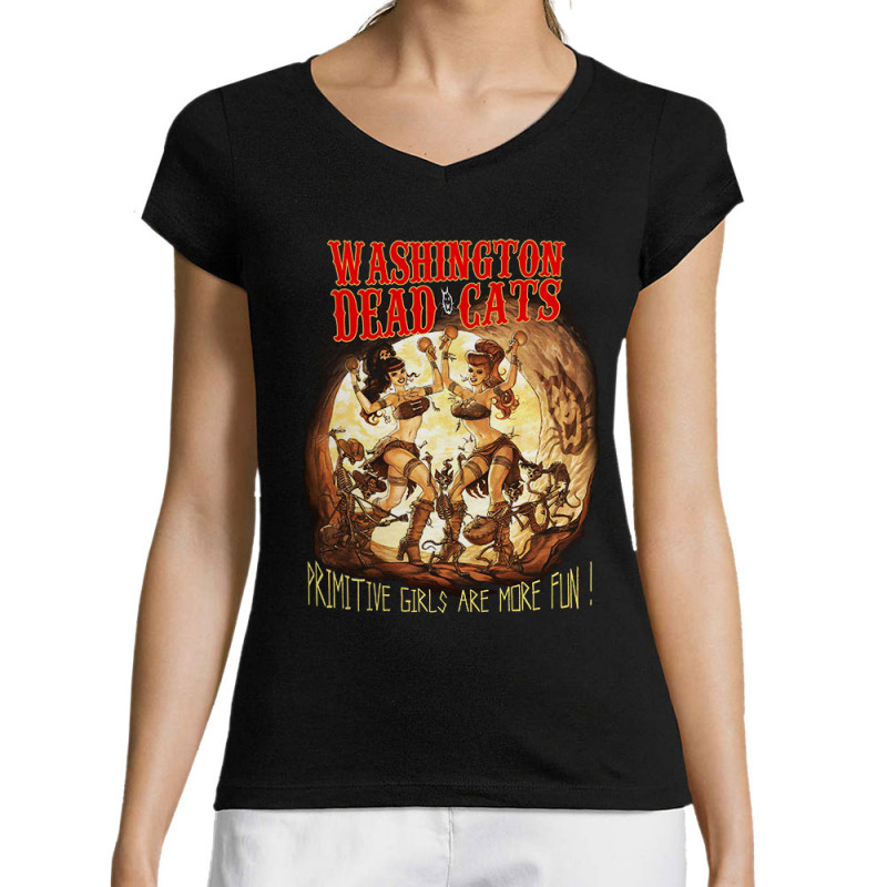 T-shirt femme col V noir Primitive Girls (Washington Dead Cats)