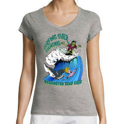 T-shirt femme col V gris chiné Surfing Over Tsunamis (Washington Dead Cats,Skate)