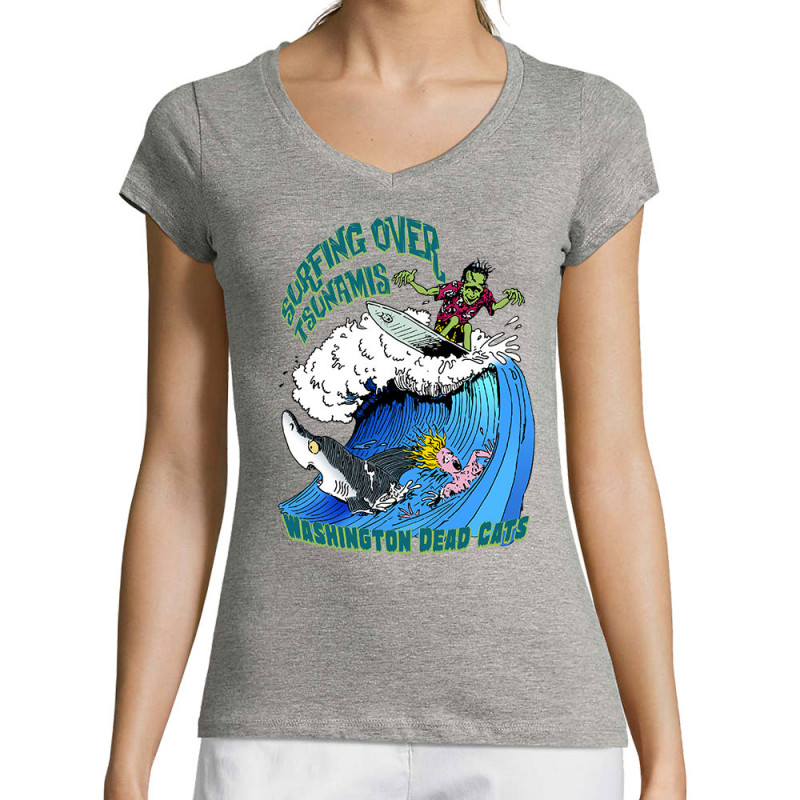 T-shirt femme col V gris chiné Surfing Over Tsunamis (Washington Dead Cats,Skate)
