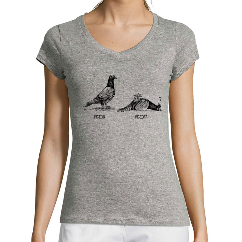 T-shirt femme col V gris chiné Pigeon Pigeoff (Gondrax,Les Bébêtes,Humour,Animaux)