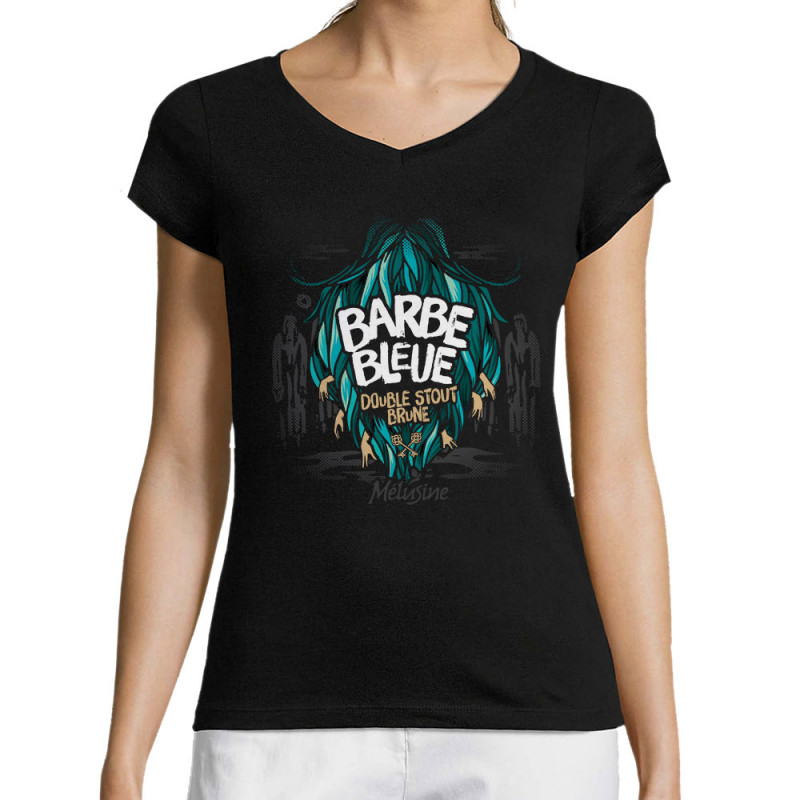 T-shirt femme col V noir Barbe Bleue (Mélusine,Alcool)