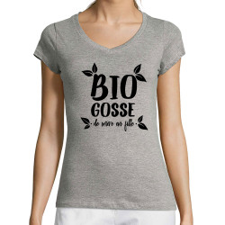 T-shirt femme col V gris chiné Bio gosse de mère en fille (Zewa,Humour,Slogans Débiles,Bébés)