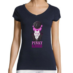 T-shirt femme col V bleu marine Pinky Blinders (Mr Mouton,Animaux,Films/Séries)
