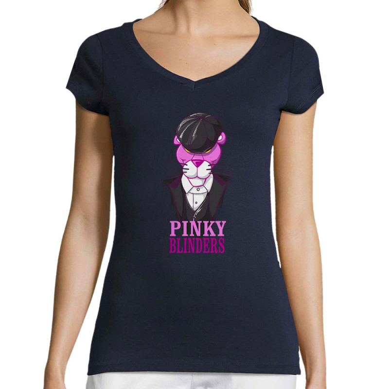 T-shirt femme col V bleu marine Pinky Blinders (Mr Mouton,Animaux,Films/Séries)