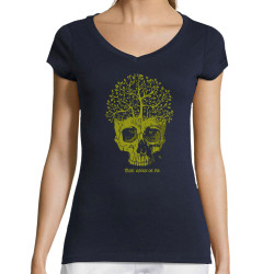 T-shirt femme col V bleu marine Think green or die (Gondrax,Ecologie,Têtes de morts)