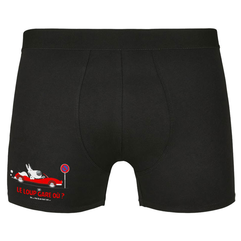 Caleçon boxer homme noir Le Loup se gare où (Pandaluna,Animaux,Humour)