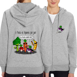 Sweat femme zippé à capuche coton bio gris chiné 5 fruits et légumes par jour (Gondrax,Fruits & Légumes,Humour)