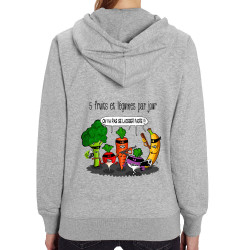 Sweat femme zippé à capuche coton bio gris chiné 5 fruits et légumes par jour (Gondrax,Fruits & Légumes,Humour)