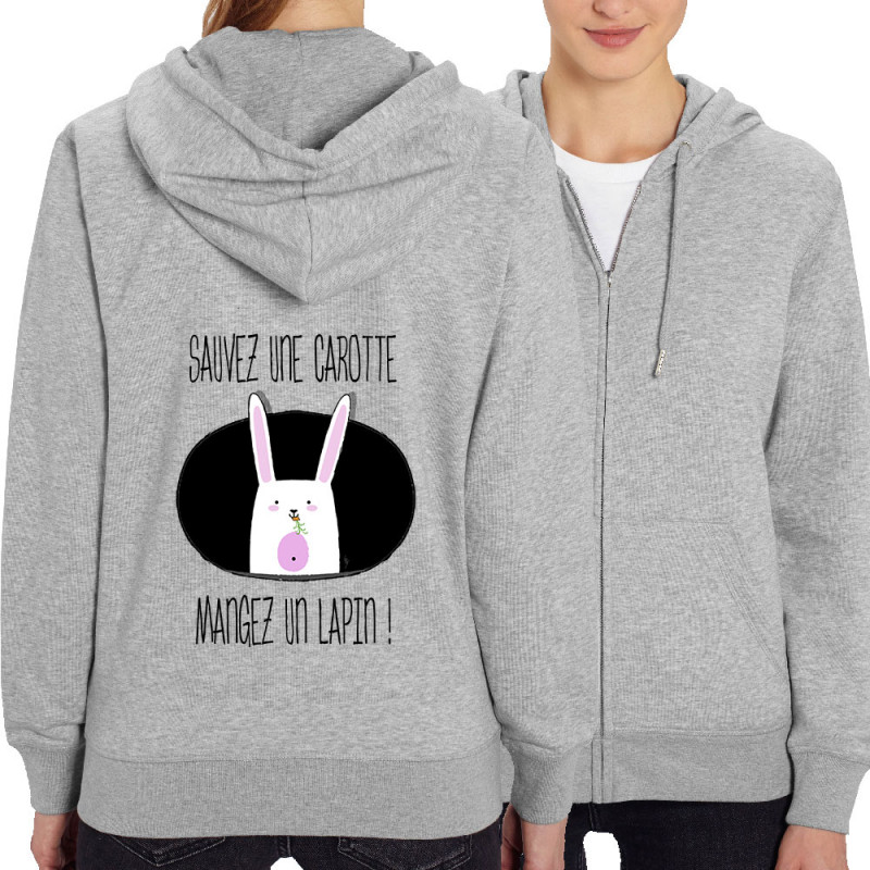 Sweat femme zippé à capuche coton bio gris chiné Sauvez une carotte (Gondrax,Animaux,Humour,Fruits & Légumes)