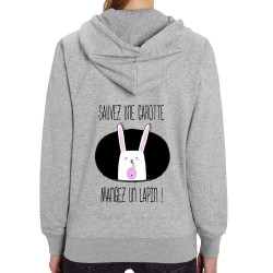Sweat femme zippé à capuche coton bio gris chiné Sauvez une carotte (Gondrax,Animaux,Humour,Fruits & Légumes)