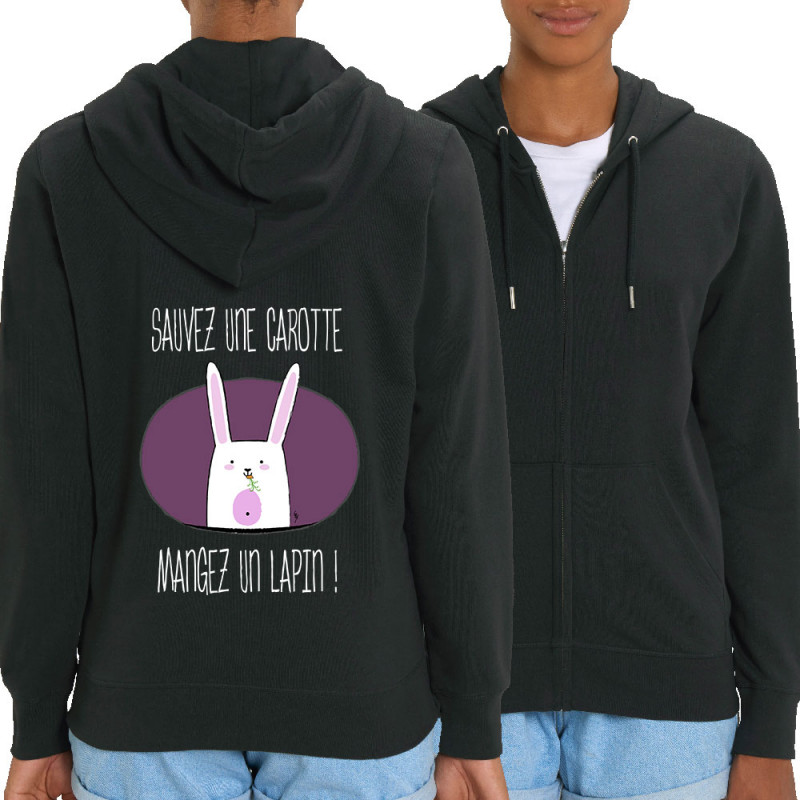 Sweat femme zippé à capuche coton bio noir Sauvez une carotte (Gondrax,Animaux,Humour,Fruits & Légumes)