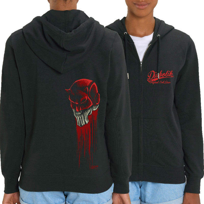 Sweat femme zippé à capuche coton bio noir Diabolik - Punisher (Diabolik,Têtes de morts)