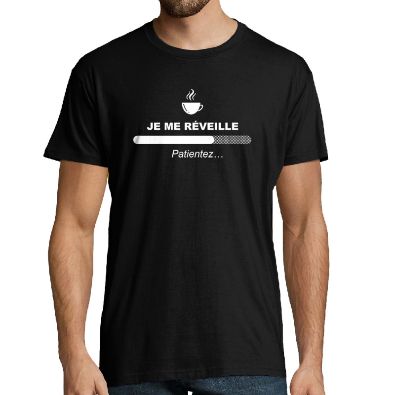 Tee-shirt homme noir Je me réveille café (Gondrax,Humour,Jeux Vidéo / Geek,Fruits & Légumes,Paresse)