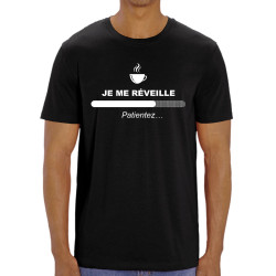T-shirt homme coton bio noir Je me réveille café (Gondrax,Humour,Jeux Vidéo / Geek,Fruits & Légumes,Paresse)