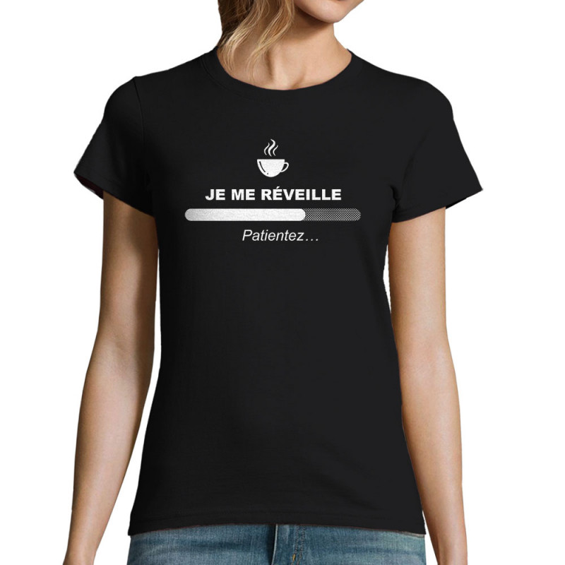 T-shirt femme noir Je me réveille café (Gondrax,Humour,Jeux Vidéo / Geek,Fruits & Légumes,Paresse)
