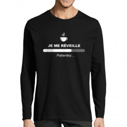 T-shirt homme manches longues noir Je me réveille café (Gondrax,Humour,Jeux Vidéo / Geek,Fruits & Légumes,Paresse)