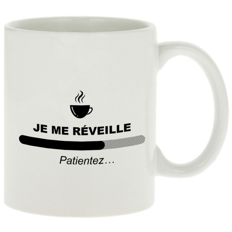 Mug blanc Je me réveille café (Gondrax,Humour,Jeux Vidéo / Geek,Fruits & Légumes,Paresse)